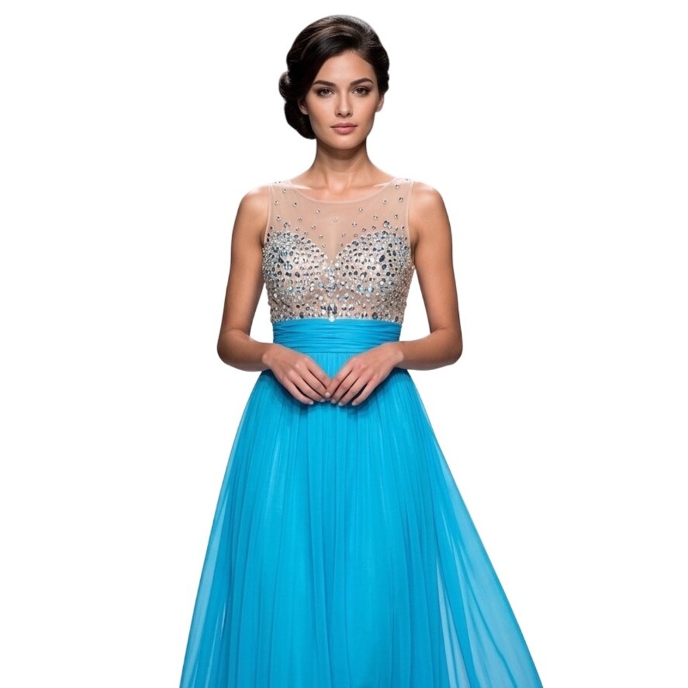 Grace Karin Blue Beaded Illusion Neckline Sleeveless Gown Formal Dress Size 2